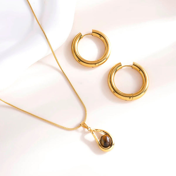 Gold Teardrop Necklace & Classic Round Hoop Earrings Combo Set