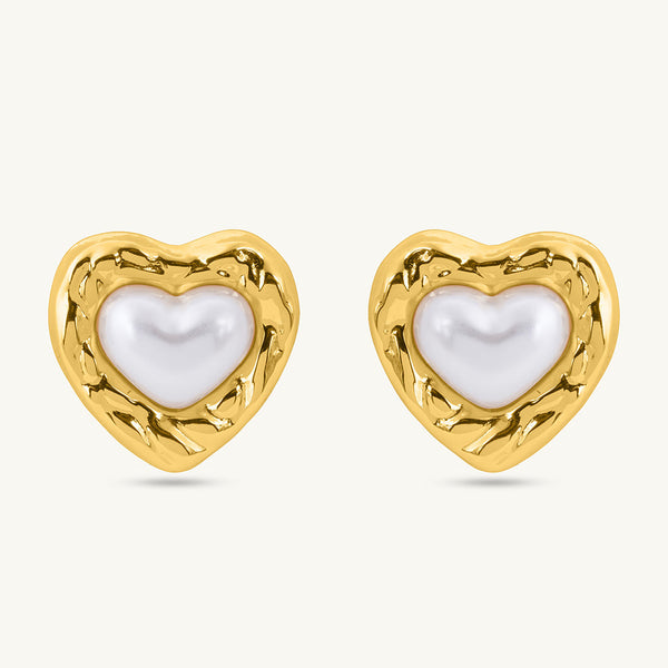 Golden Embrace Pearl Heart Studs