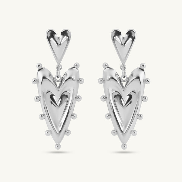 Silver Double Heart Drop Earrings