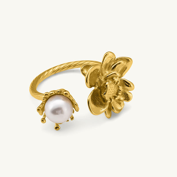 Open Shank Floral Pearl Gold Ring