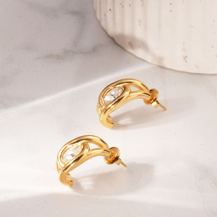 Leaf Stone Half Hoop Earrings-3